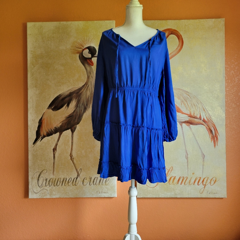 3/$25 Shein Dress Flowy Tiered Long Sleeve Mini V Neck Blue XL Indigo